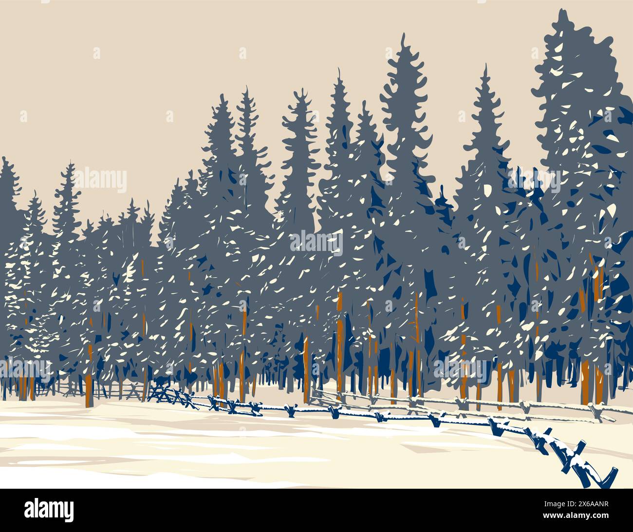 WPA affiche art de forêt de sapin subalpin, pin limber et pin bristlecone en hiver à Echo Lake, Idaho Springs dans le Colorado, USA fait dans les travaux proj Illustration de Vecteur