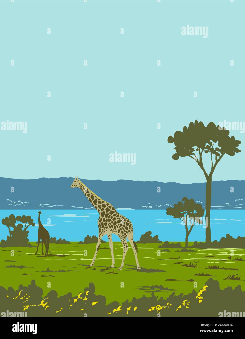 Affiche Art Déco ou WPA d'une girafe ou Giraffa camelopardalis dans le parc national de Murchison Falls près de Masindi en Ouganda, Afrique fait en travaux projet ad Illustration de Vecteur