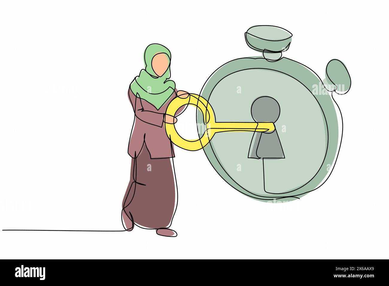 Une seule ligne dessinant une femme d'affaires arabe a mis la clé dans le chronomètre. Délai pour l'échéance du projet d'entreprise. Planification efficace pour un travail productif. Continue Illustration de Vecteur