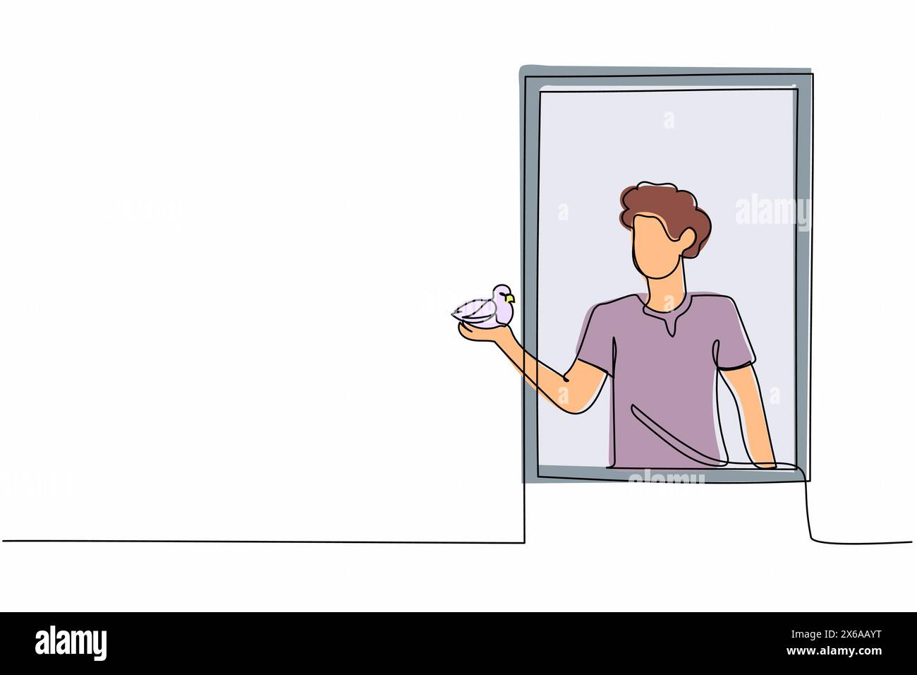 Un seul dessin sur une ligne ouvre la fenêtre. Saison estivale ou printanière, jeune homme avec oiseau dans les bras. Mâle heureux sur le balcon, air frais. Plantes, verdure. Co Illustration de Vecteur