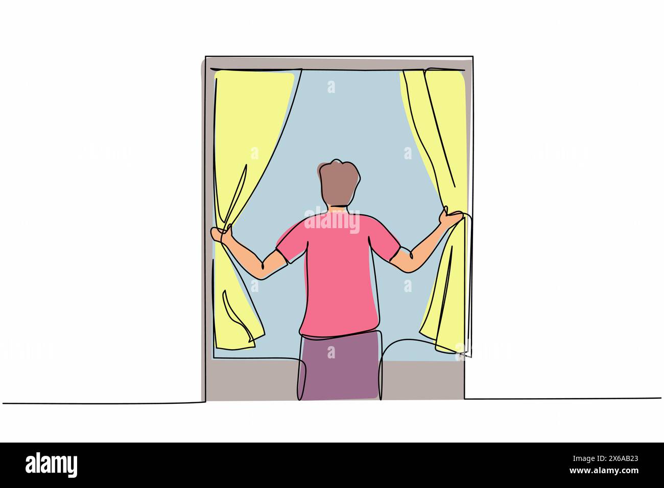 Simple dessin d'une ligne Happy Man ouvrant rideaux de fenêtre. Réveillez-vous et ouvrez les rideaux le matin pour prendre l'air frais. Jeune homme debout à la fenêtre. Conti Illustration de Vecteur