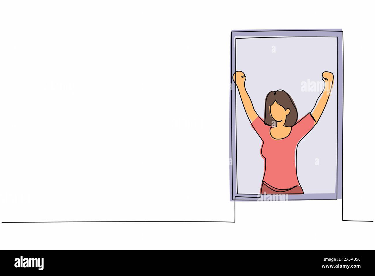 Une seule ligne continue dessinant femme heureuse faisant des étirements et regarder hors de la fenêtre. Accueillez la nouvelle journée et respirez l'air frais. Profitez d'un week-end ensoleillé à la maison Illustration de Vecteur
