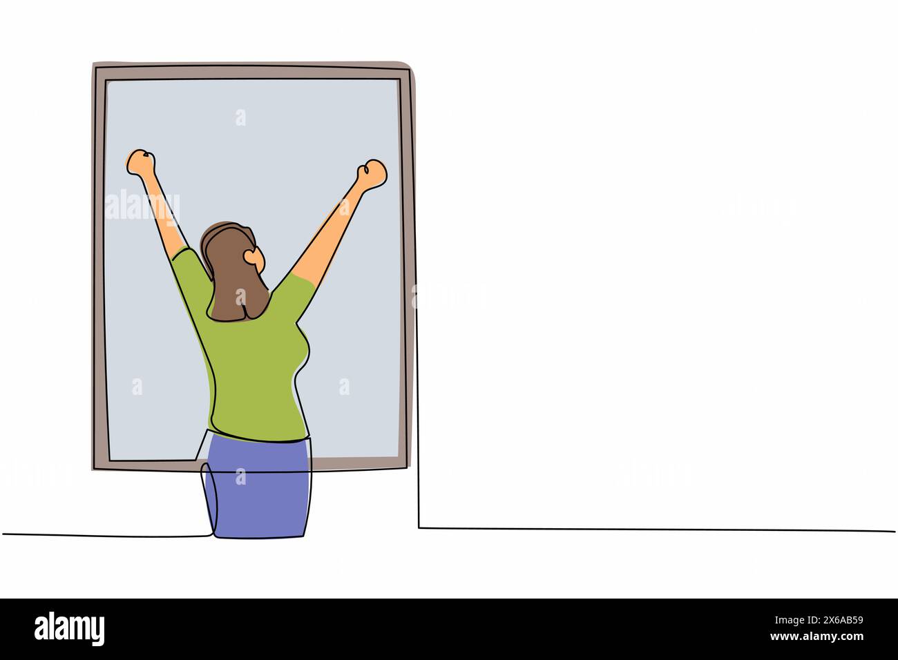 Simple une ligne dessinant vue arrière jeune femme étirant les bras dans la fenêtre après une bonne nuit de sommeil. Femelle détendue debout à la fenêtre pour obtenir l'air frais. Co Illustration de Vecteur