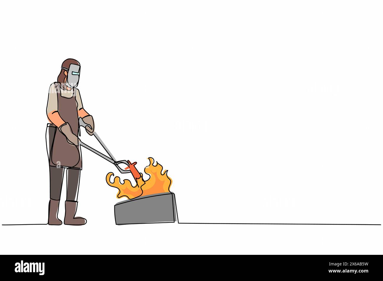 Simple dessin d'une ligne femme maître forgeron portant un tablier, des gants en cuir et un écran facial mettre un morceau de lame dans le poêle brûlant pour faire de l'artisanat Illustration de Vecteur