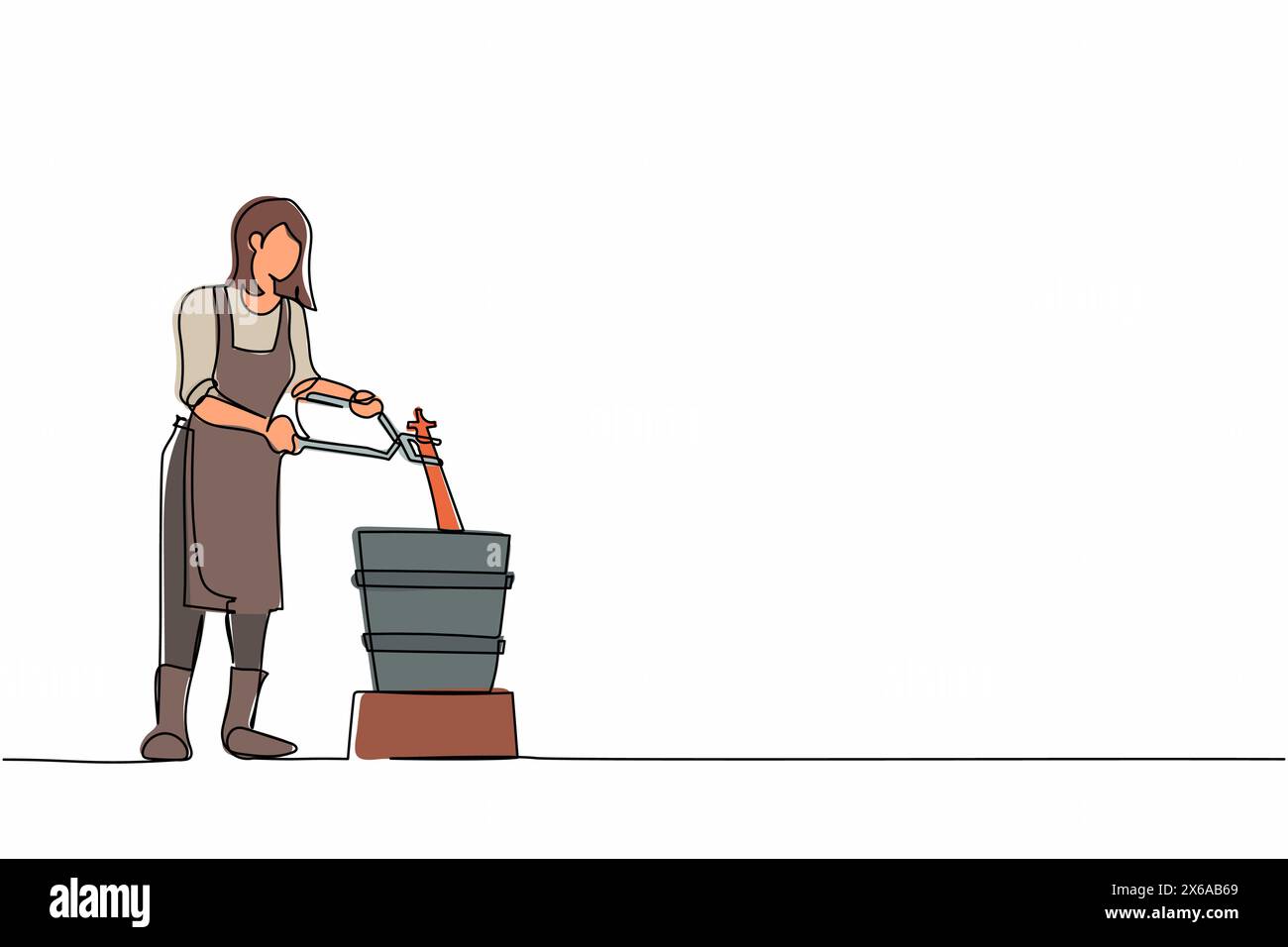 Ligne continue unique dessinant le maître de forgeron féminin mignon dans le tablier mettant le matériel métallique chaud du four dans l'eau froide. Ouvrier d'enclume d'artisanat en acier. Illustration de Vecteur