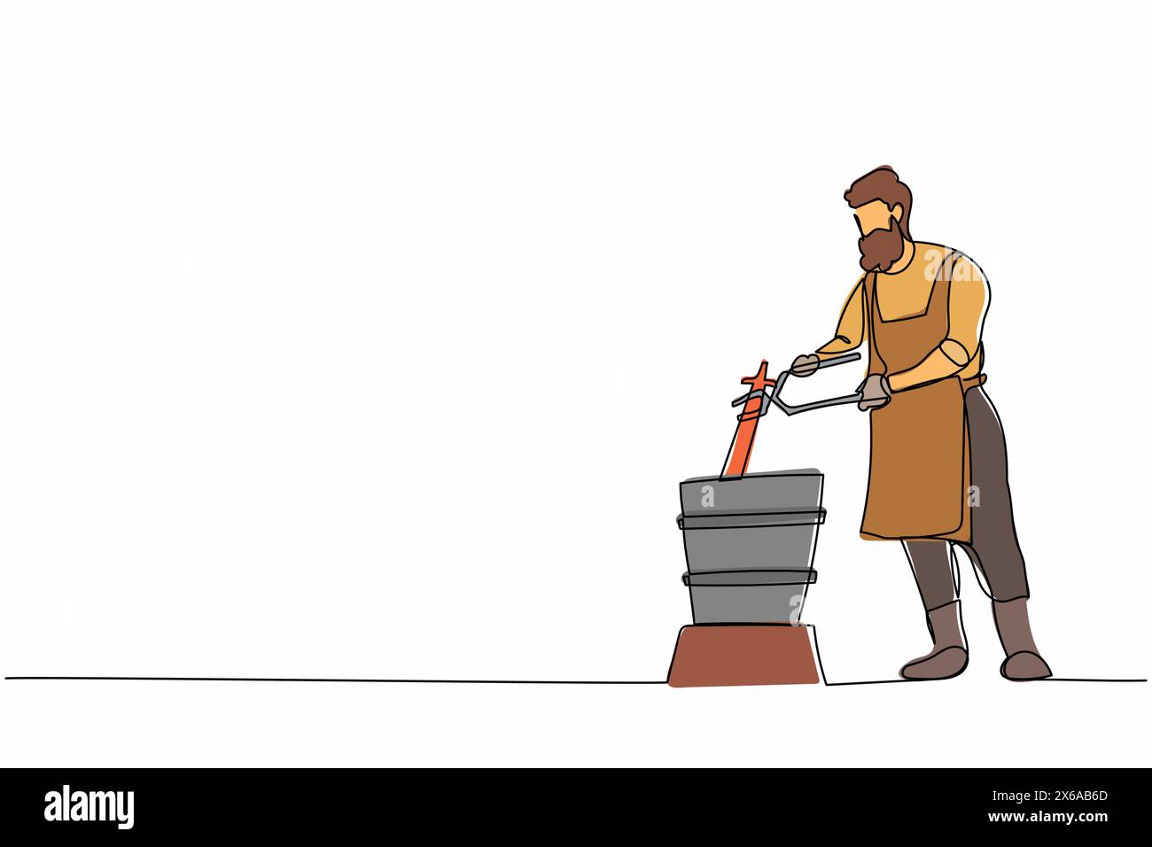 Continu d'une ligne dessinant maître de forgeron barbu mettant le matériau métallique chaud du four dans l'eau froide. Ouvrier d'enclume d'artisanat en acier. Artisan en ap Illustration de Vecteur
