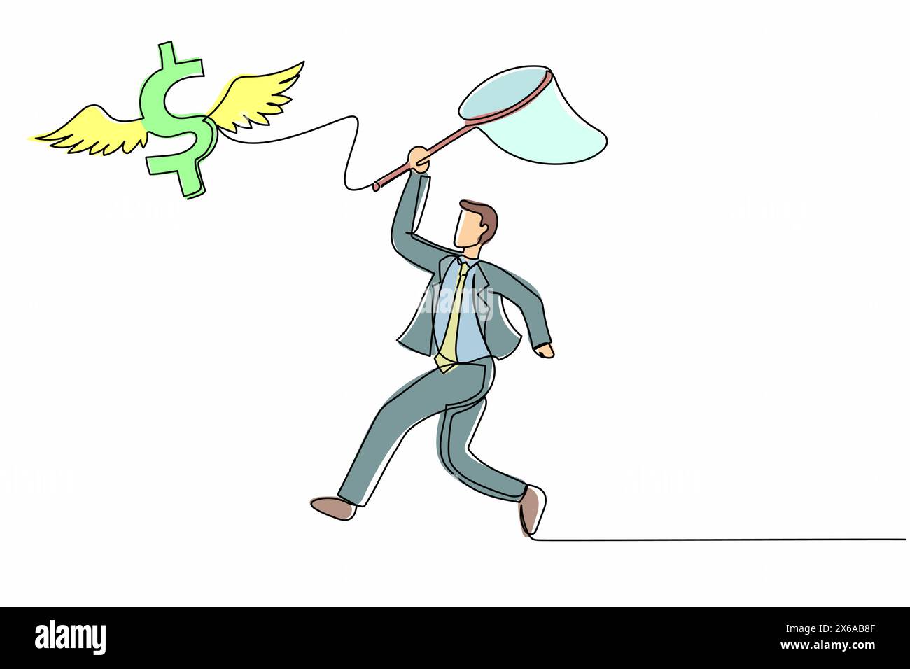 Simple ligne continue dessinant homme d'affaires essayer d'attraper le symbole de signe de dollar volant avec le filet de papillon. Finance, argent, opportunité. Crise économique. Illustration de Vecteur