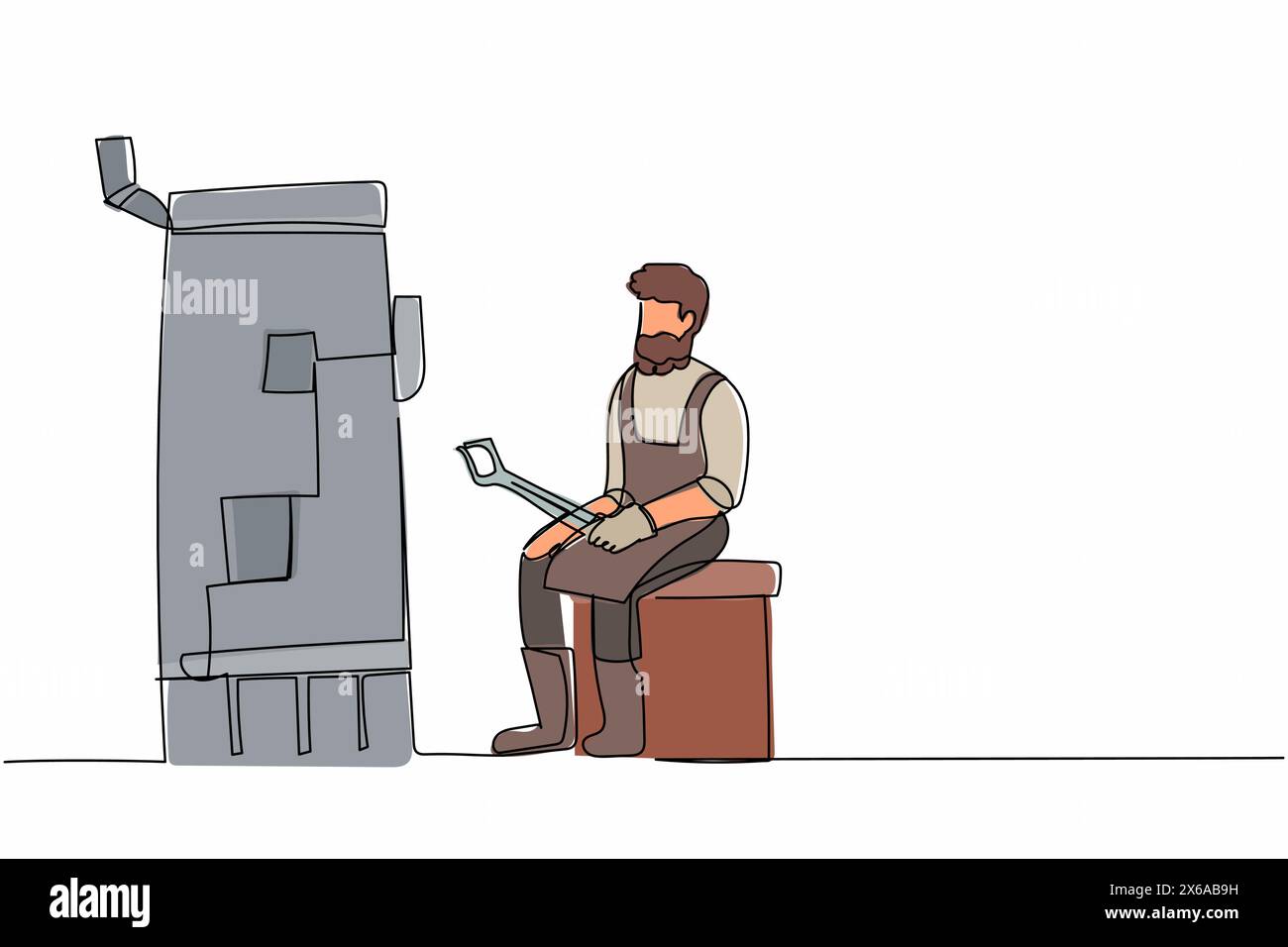 Continu d'une ligne dessinant forgeron barbu assis dans le style traditionnel ancien, portant tablier et pince de maintien, maintenant le feu de charbon dans l'atelier. S Illustration de Vecteur
