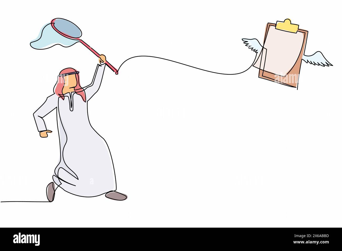 Simple une ligne dessinant homme d'affaires arabe essayer d'attraper le presse-papiers volant avec filet papillon. Des listes de contrôle incomplètes entraînent des documents défectueux. Illustration de Vecteur