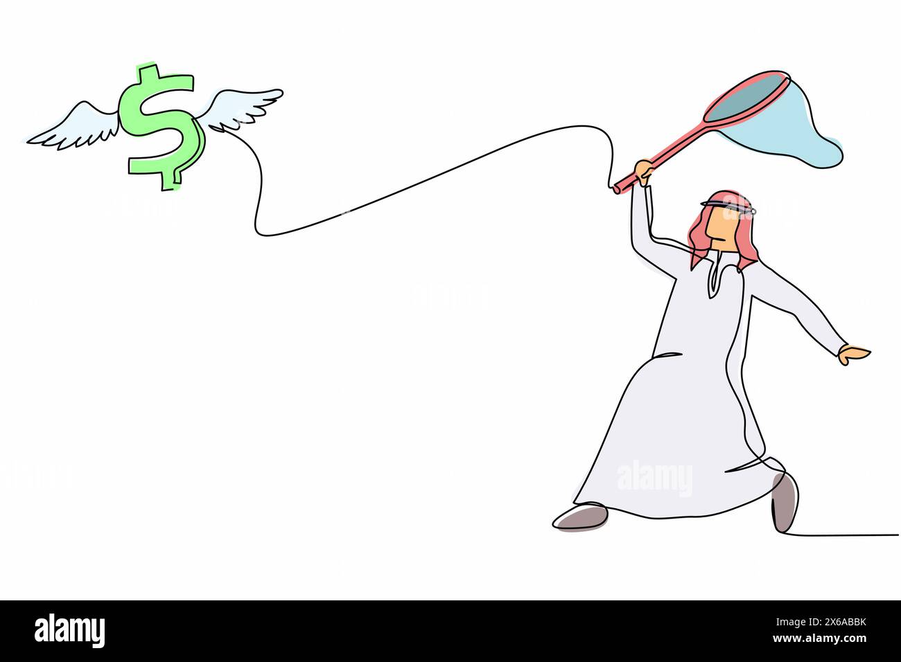 Continu une ligne dessinant l'homme d'affaires arabe essayer d'attraper le symbole de signe de dollar volant avec le filet de papillon. Le taux d'inflation augmente fortement. Méta. Métier Illustration de Vecteur