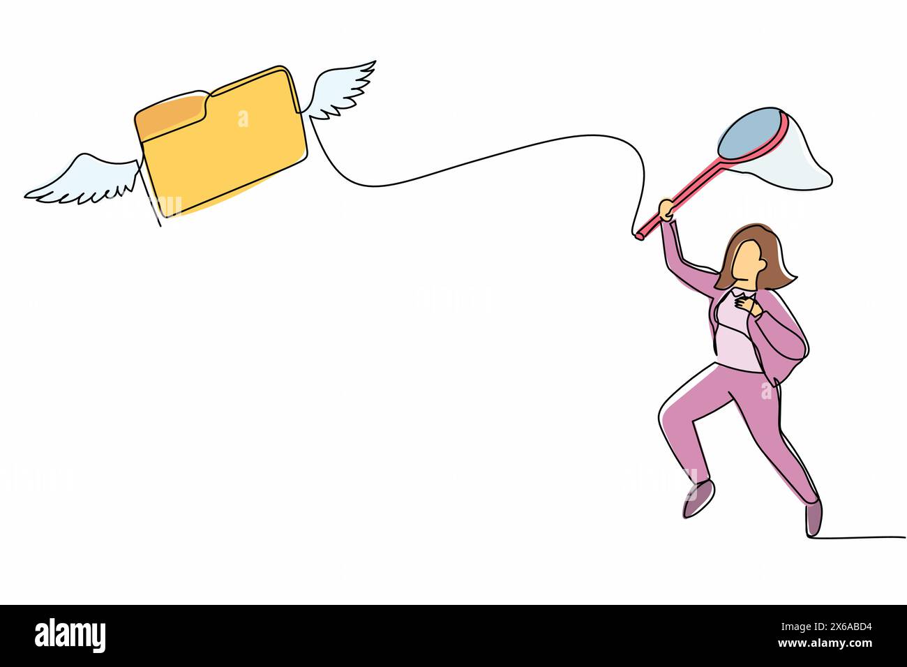 La femme d'affaires de dessin de ligne continue simple essaie d'attraper le dossier volant avec le filet papillon. Fuite de documents et de données de stockage. Archive manquante Illustration de Vecteur