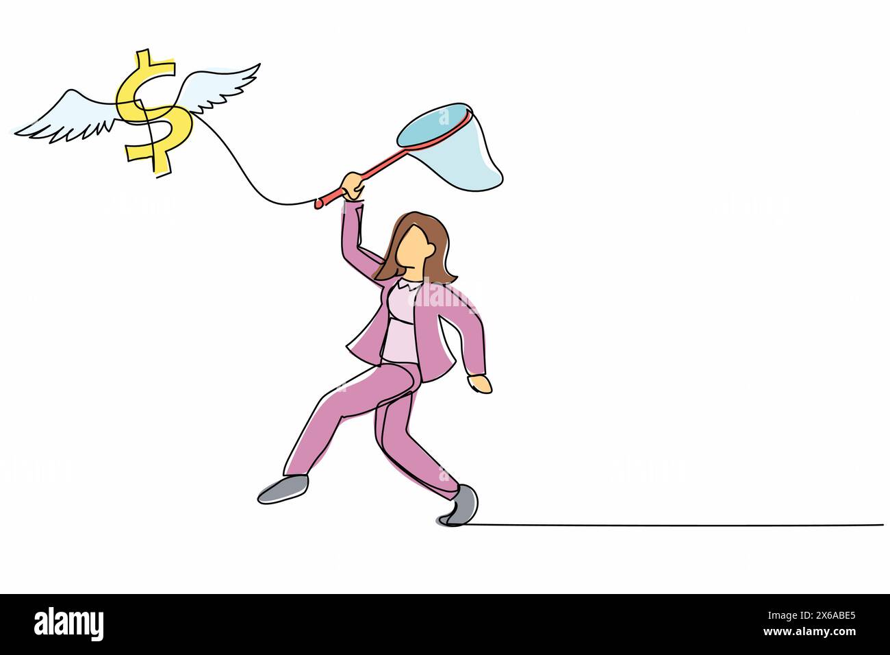 Continue d'une ligne dessinant la femme d'affaires essayer d'attraper le symbole de dollar volant avec le filet de papillon. La crise économique a causé la valeur du dollar voler haut. Si Illustration de Vecteur