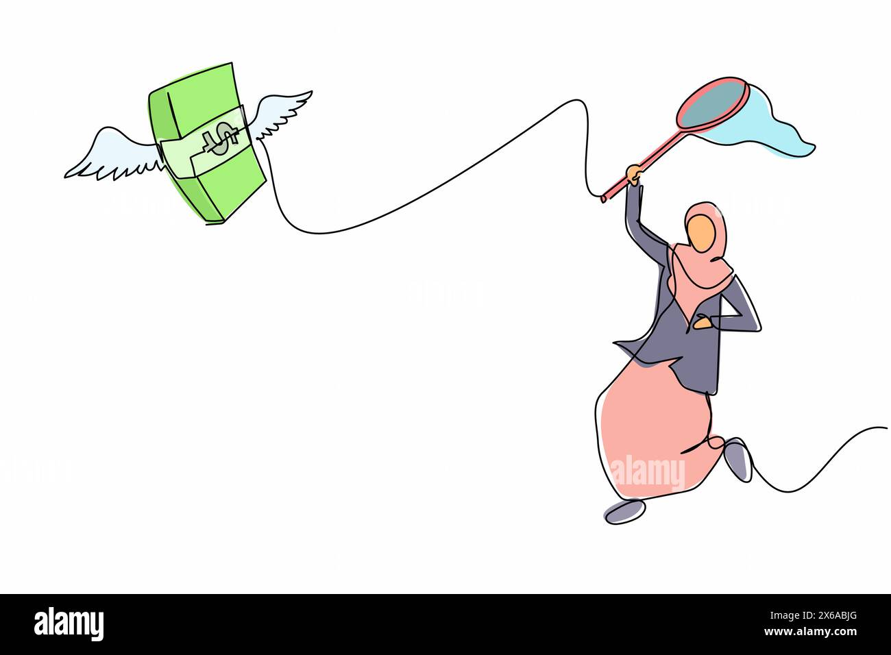 Une seule ligne continue dessinant malchanceuse femme d'affaires arabe essayer d'attraper la pile d'argent volant avec filet papillon. Perdre une opportunité commerciale ou de projet. Illustration de Vecteur