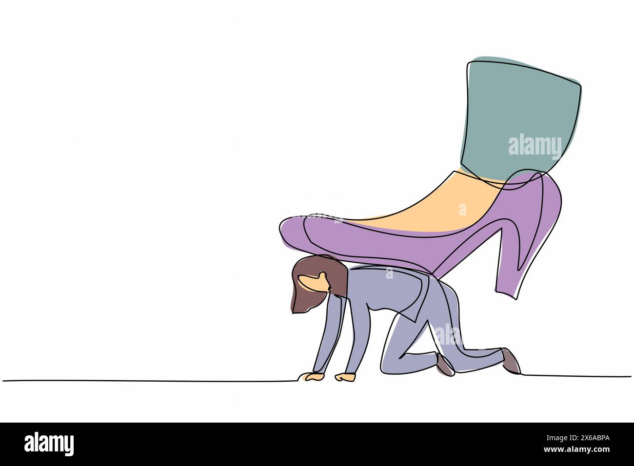 Une seule ligne continue dessinant femme d'affaires rampant sous le piétinement géant de pied. Employé féminin opprimé par le patron avec sous la grosse chaussure. Minimaliste Illustration de Vecteur