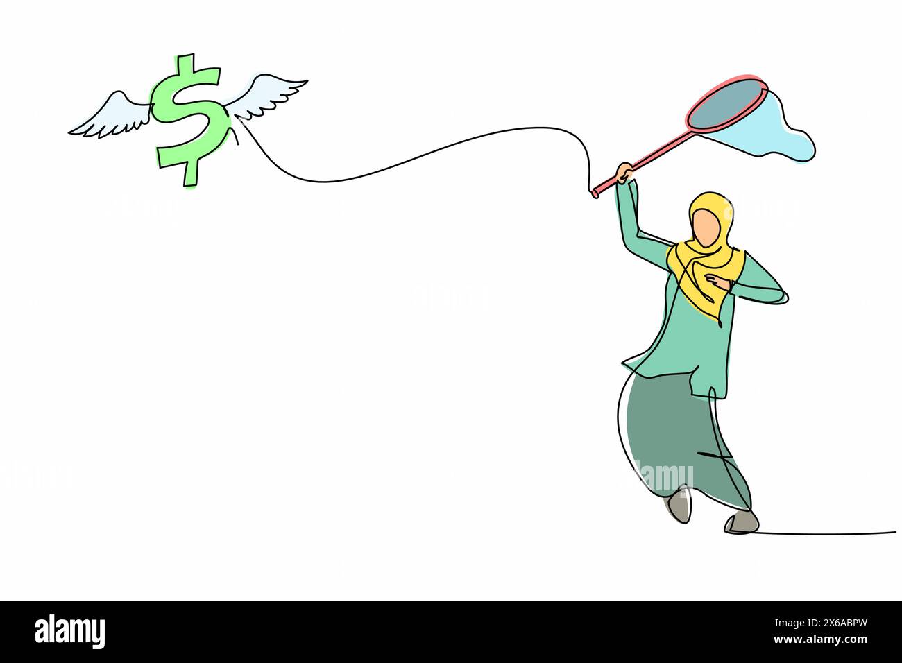 Une seule ligne continue dessinant une femme d'affaires arabe essaie d'attraper le symbole de dollar volant avec le filet de papillon. L'inflation du dollar provoque une hausse des prix. Illustration de Vecteur