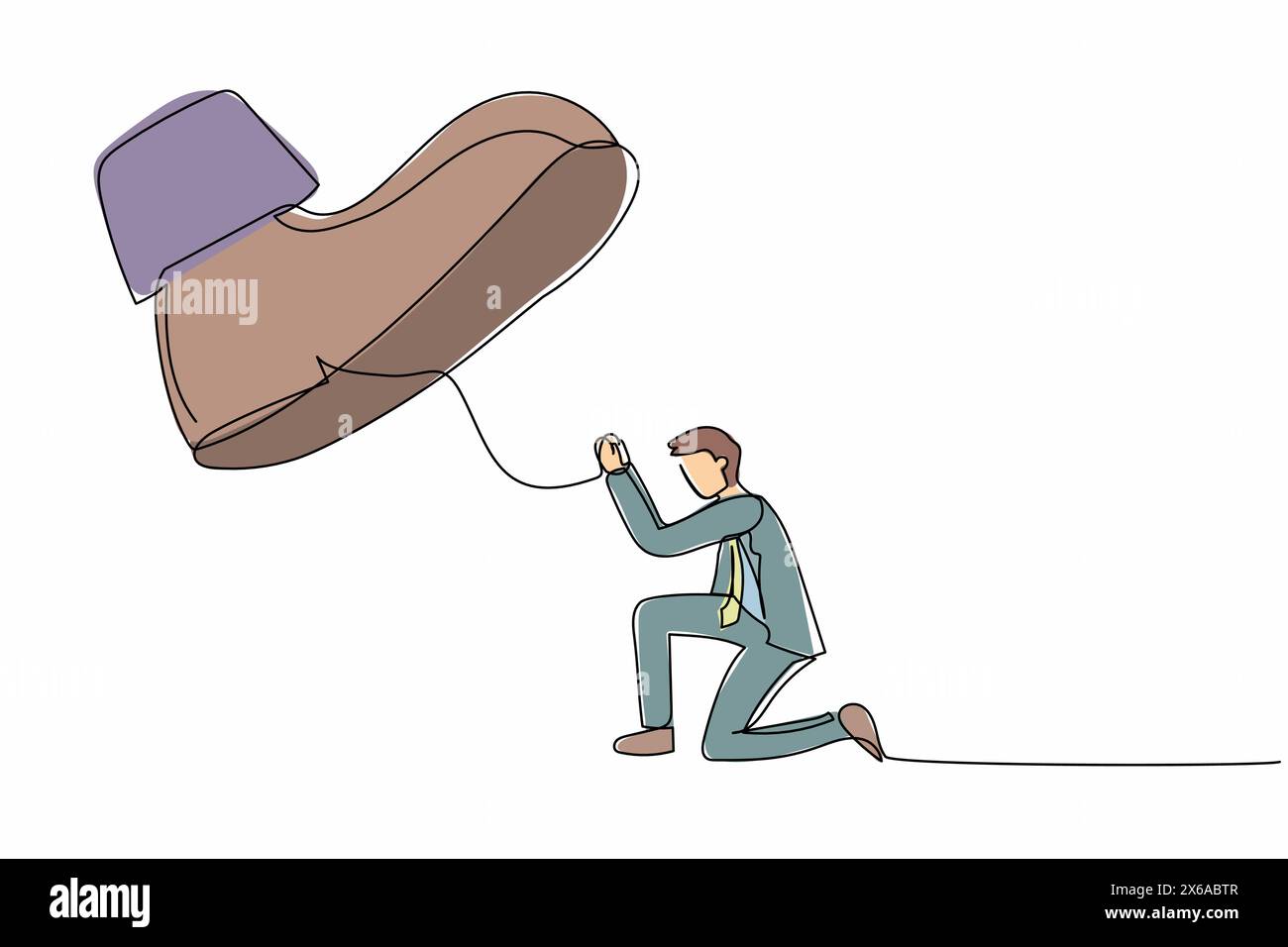 Continu une ligne dessinant homme d'affaires agenouillé sous le gros pied. Gestionnaire masculin sous tyrannie, dictature, autoritaire. Concept de métaphore minimal. Illustration de Vecteur