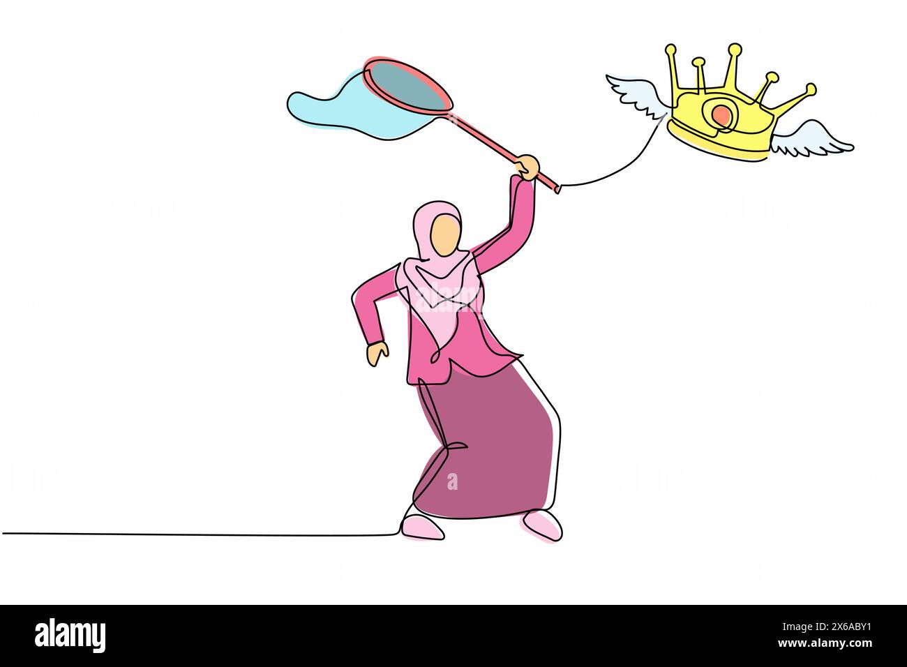Une seule ligne continue dessinant la beauté arabe femme d'affaires essayer d'attraper la couronne volante avec le filet papillon. Perdre le titre royal d'un pays arabe Illustration de Vecteur