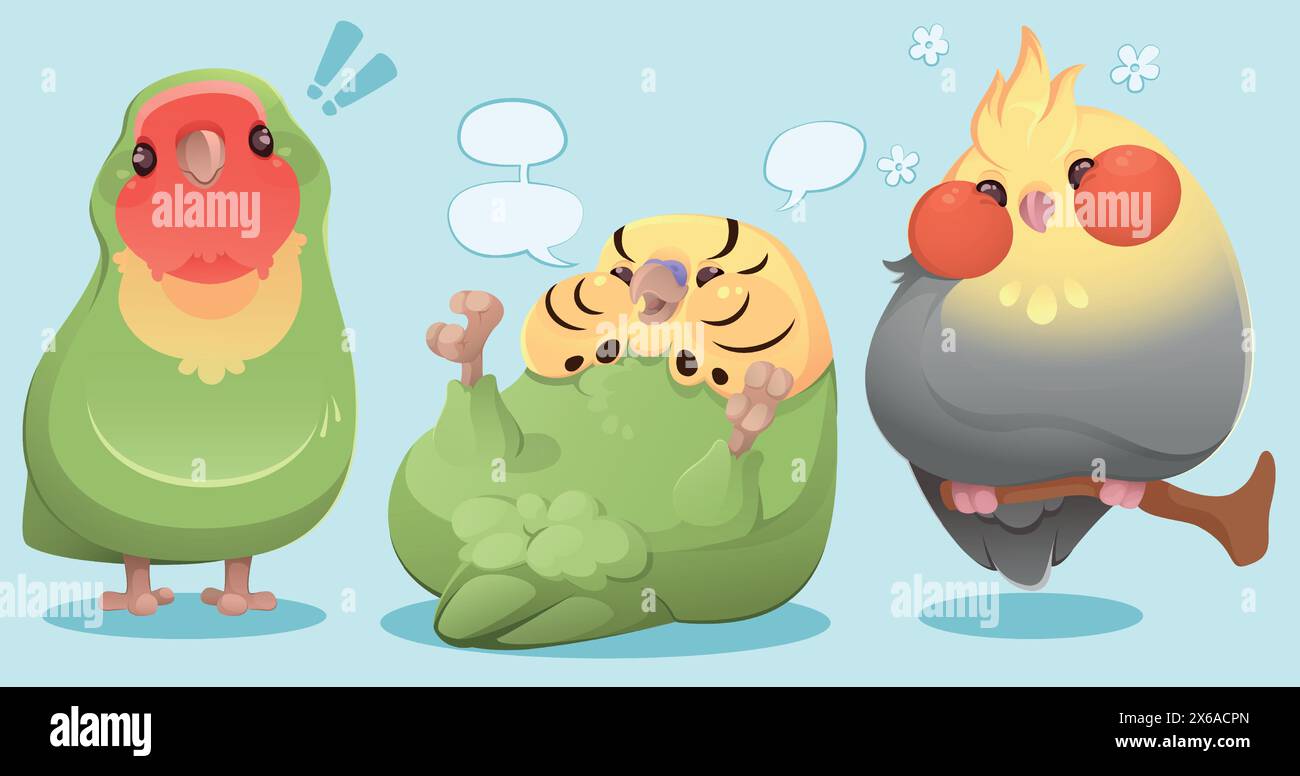 Oiseaux de perroquet comiques ensemble isolé sur fond bleu. Illustration vectorielle de dessin animé de mascotte exotique à plumes debout, couchée avec des bulles de parole, assise sur une branche d'arbre, des éléments de conception tropicale Illustration de Vecteur