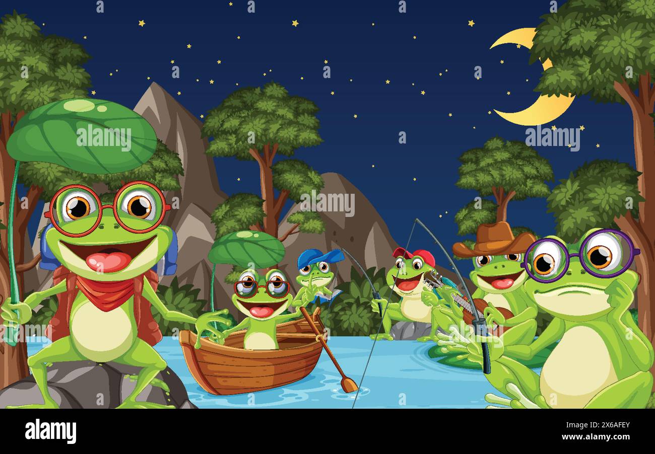 Grenouilles pêchant ensemble une nuit étoilée Illustration de Vecteur