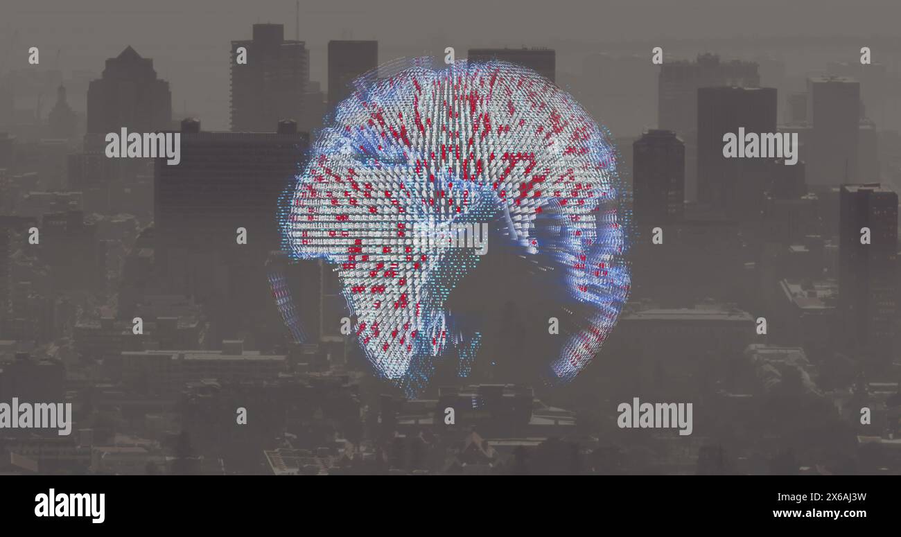 Image de l'icône représentant un globe tournant contre une vue aérienne d'un paysage urbain Banque D'Images