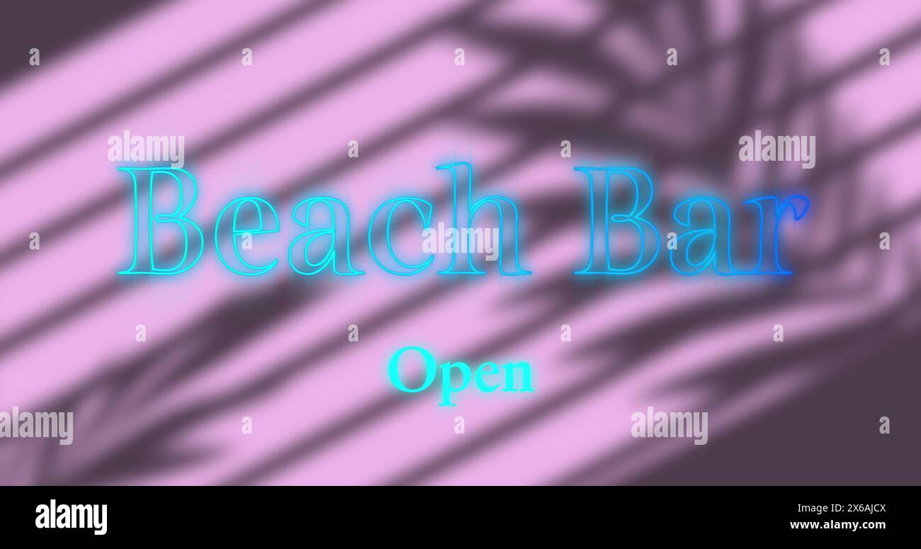 Image de bar de plage bleu texte ouvert sur les ombres sur le mur rose Banque D'Images