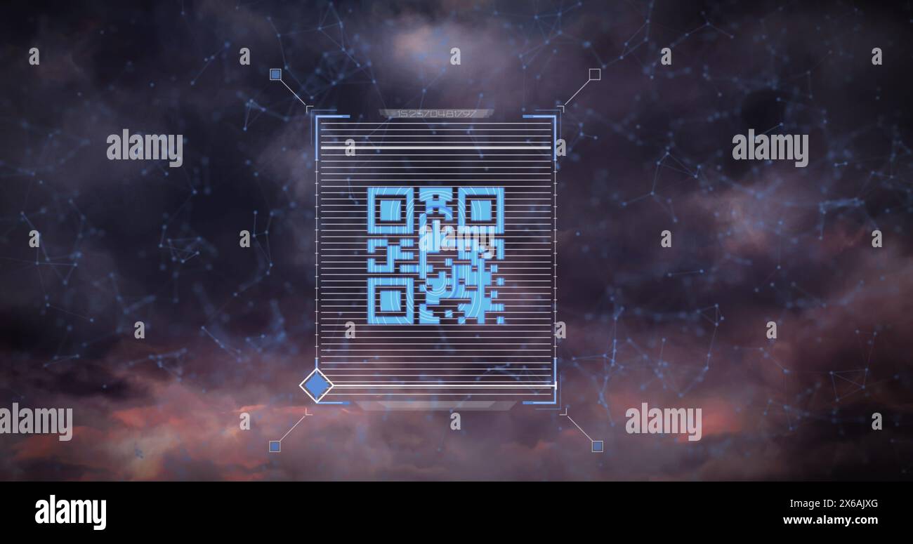 Image du scanner de codes-barres au néon et du réseau de connexions contre le tonnerre et les nuages sombres Banque D'Images