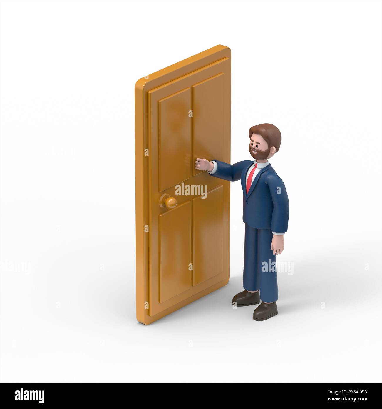 Illustration 3D de l'homme d'affaires américain barbu Bob frappe à la porte, une image isométrique.rendu 3D sur fond blanc Banque D'Images Illustration 3D de l'homme d'affaires américain barbu Bob frappe à la porte, une image isométrique.rendu 3D sur fond blanc Banque D'Images