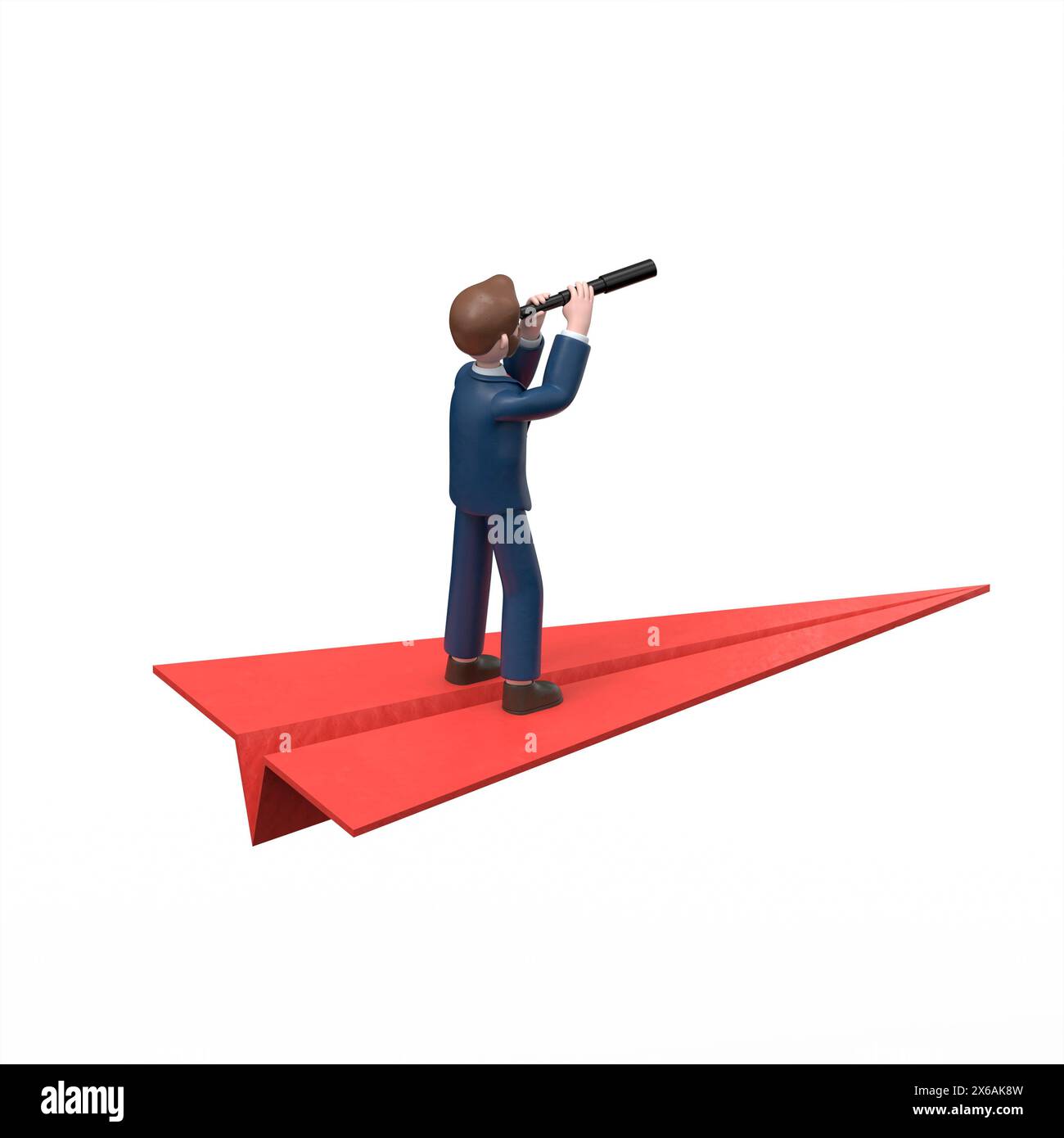 Illustration 3D de l'homme d'affaires américain barbu Bob avec un télescope dans sa main vole sur un plan de papier rouge.rendu 3D sur fond blanc Banque D'Images