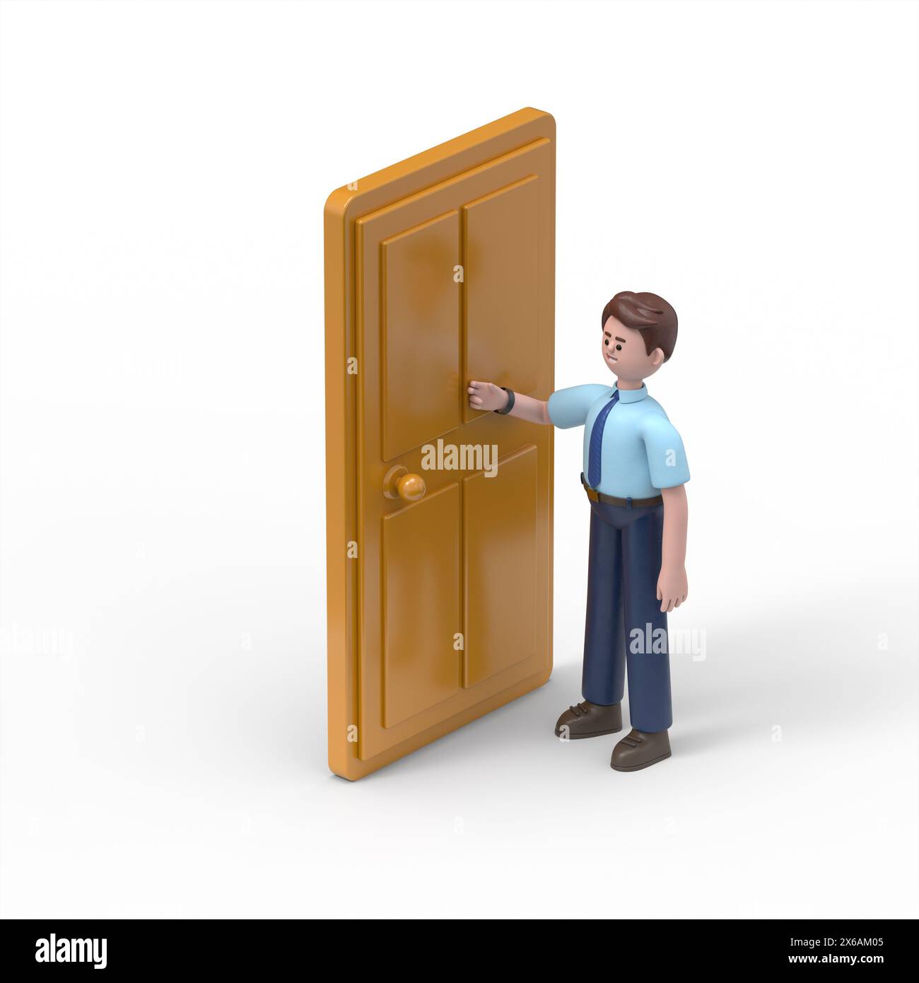 Illustration 3D de l'homme asiatique Felix frappe à la porte, une image isométrique.rendu 3D sur fond blanc Banque D'Images Illustration 3D de l'homme asiatique Felix frappe à la porte, une image isométrique.rendu 3D sur fond blanc Banque D'Images