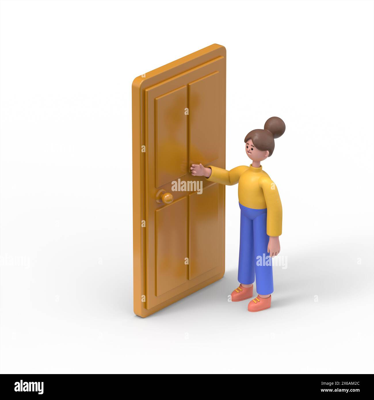 Illustration 3D de la femme asiatique Angela frappe à la porte, une image isométrique.rendu 3D sur fond blanc Banque D'Images Illustration 3D de la femme asiatique Angela frappe à la porte, une image isométrique.rendu 3D sur fond blanc Banque D'Images