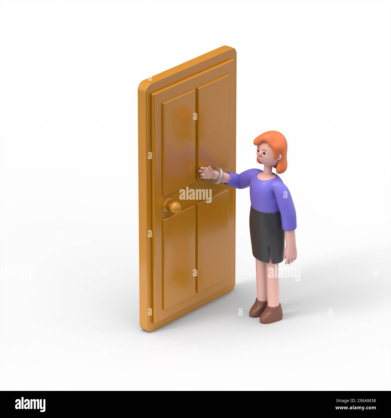 Illustration 3D de la femme d'affaires européenne Ellen frappe à la porte, une image isométrique.rendu 3D sur fond blanc Banque D'Images Illustration 3D de la femme d'affaires européenne Ellen frappe à la porte, une image isométrique.rendu 3D sur fond blanc Banque D'Images