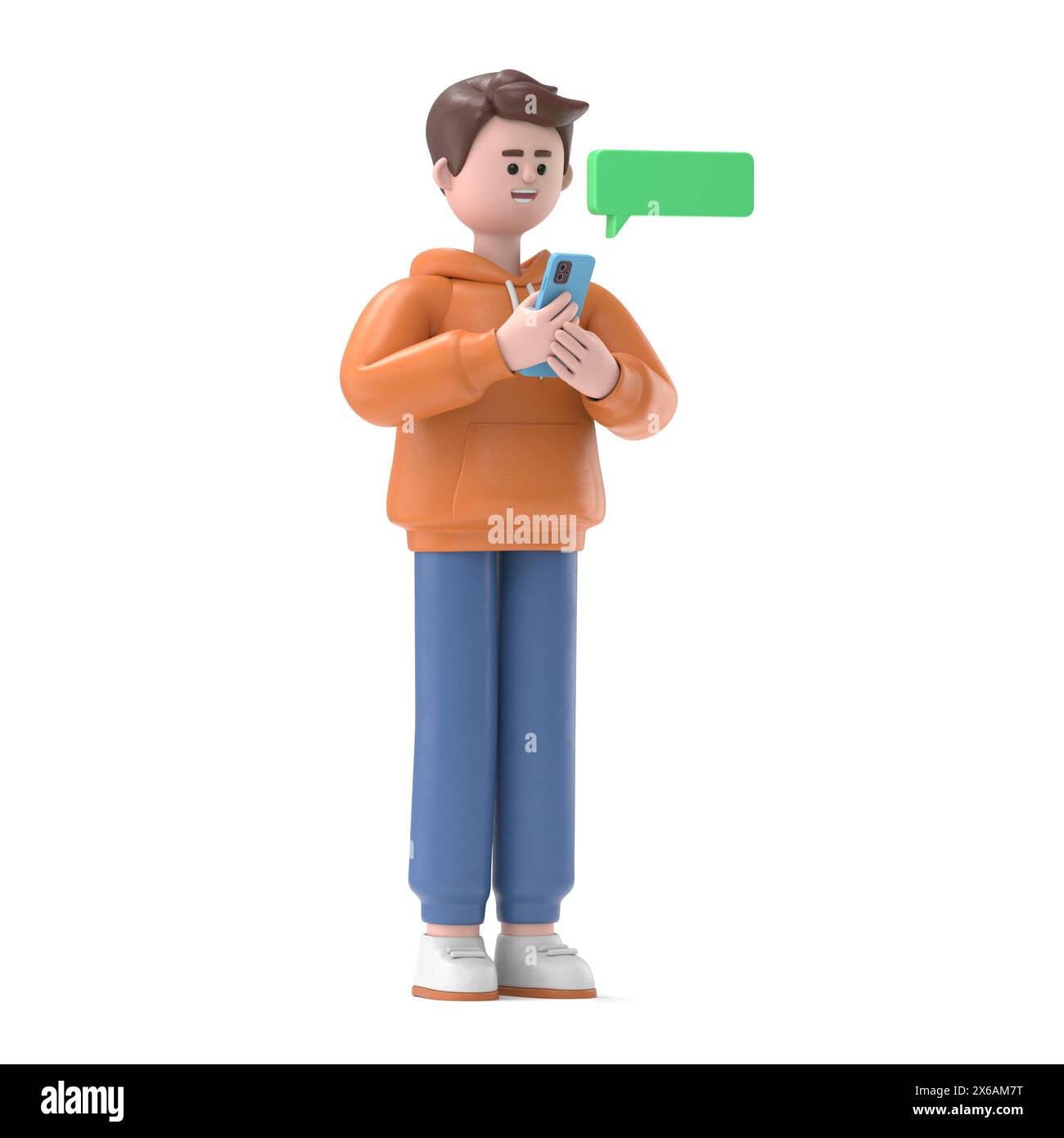 Illustration 3D de Guy Qadir mâle avec téléphone. Social media concept.rendu 3D sur fond blanc. Banque D'Images