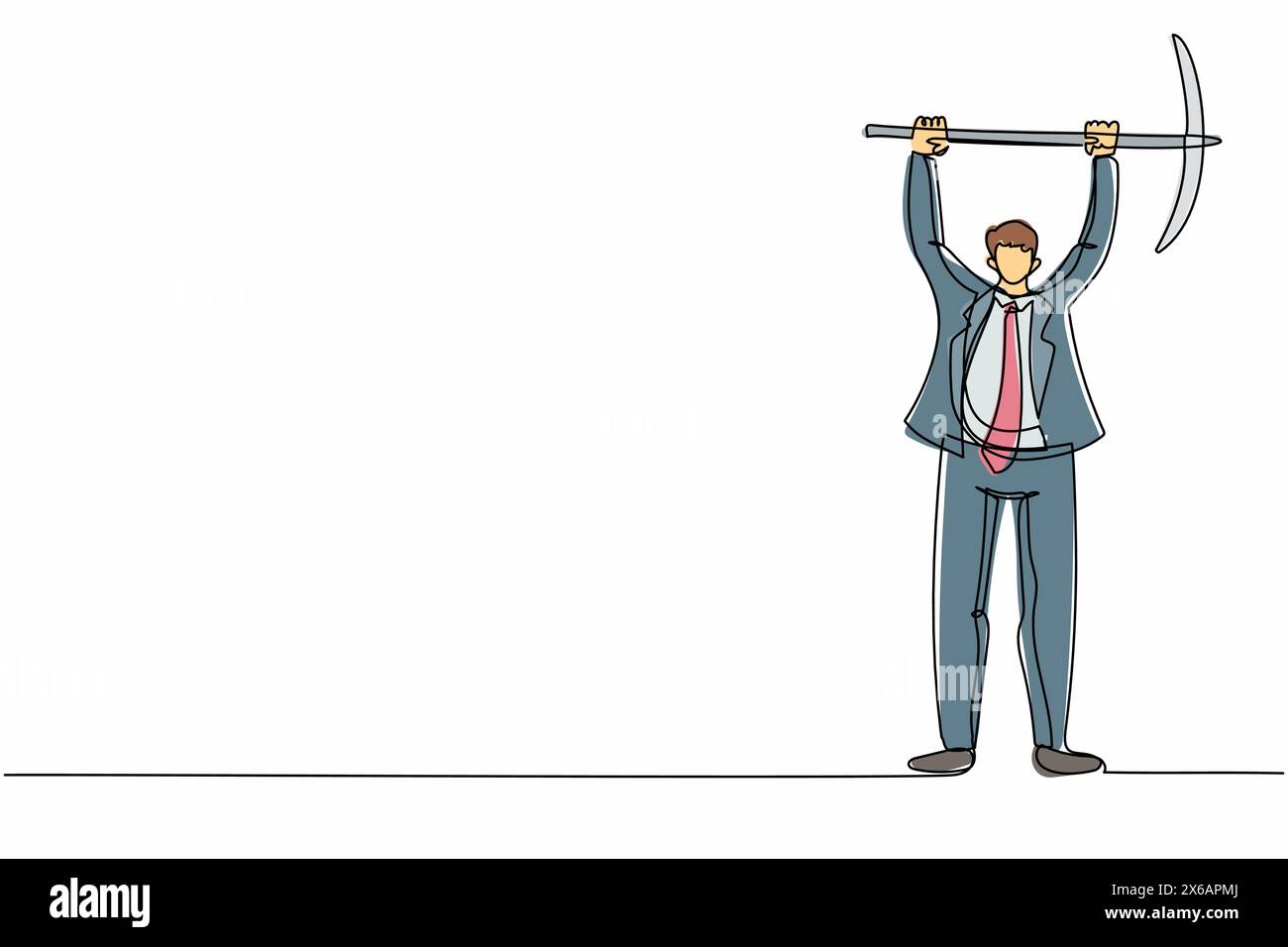Ligne continue unique dessinant le jeune homme d'affaires debout et soulevant la grande pioche. Décrit le travail acharné, la réussite, la réussite, la découverte. Concept de réussite Illustration de Vecteur