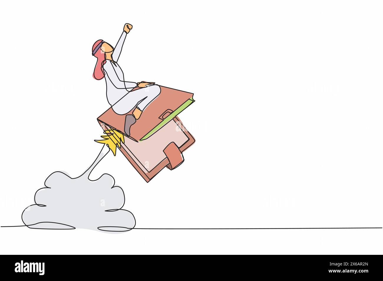 Continu une ligne dessinant homme d'affaires arabe à cheval de fusée portefeuille volant dans le ciel. Réalisations dans les activités financières professionnelles. orl prospère Illustration de Vecteur