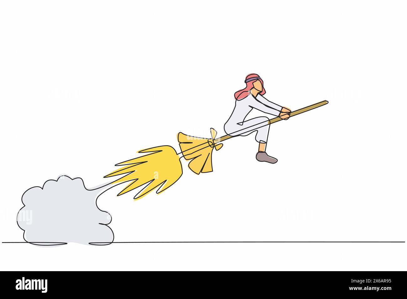 Continu une ligne dessinant homme d'affaires arabe chevauchant une fusée à balai volant dans le ciel. Lancement de l'entreprise de démarrage. Produits uniques proposés sur le marché concurrent Illustration de Vecteur