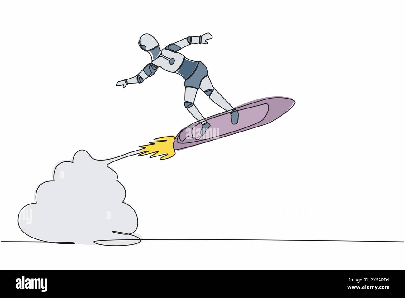 Robot dessinant une ligne continue unique chevauchant une fusée de planche de surf volant dans le ciel. Développement technologique futur. Machine d'intelligence artificielle lea Illustration de Vecteur