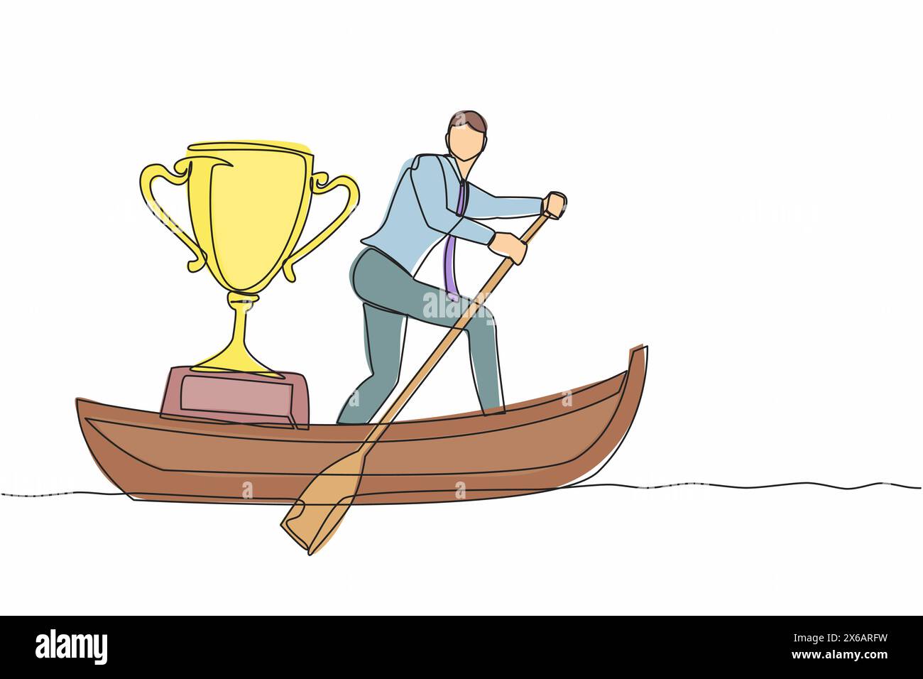 Simple une ligne dessinant homme d'affaires debout dans le bateau et voile avec trophée. Concept de compétition de sports nautiques. Prix de reconnaissance du championnat de voile Illustration de Vecteur