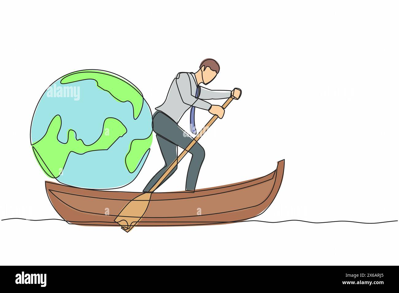 Simple dessin d'une ligne d'homme d'affaires debout dans le bateau et voile avec globe. Voyage autour du monde en bateau. Tourisme ou concept de voyage. C Illustration de Vecteur