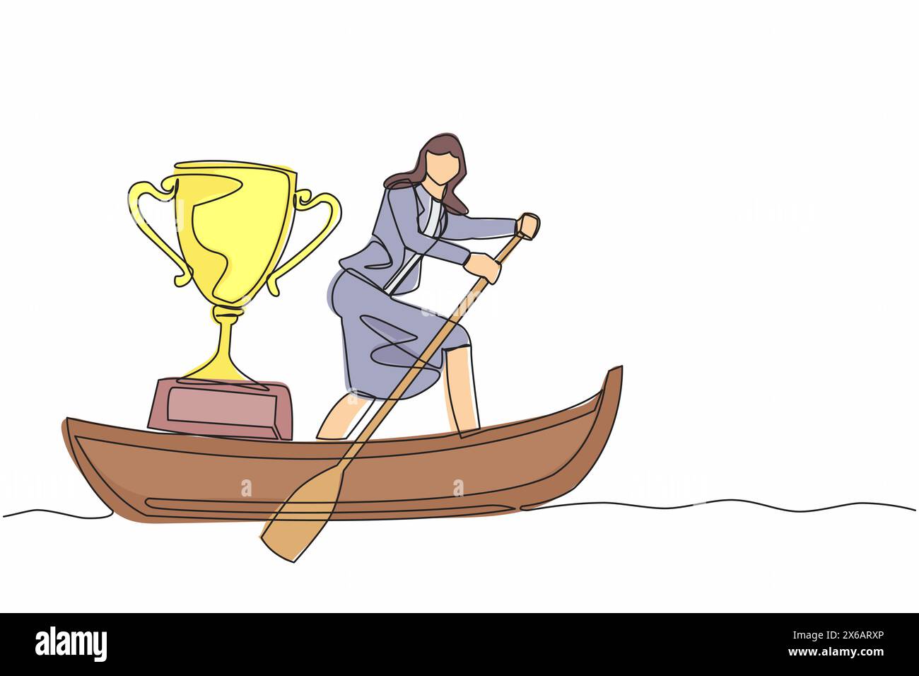 Simple dessin d'une ligne attrayante femme d'affaires naviguant loin sur le bateau avec le trophée. Prix du championnat du monde de voile. Compétition de sports nautiques gagnante. Illustration de Vecteur