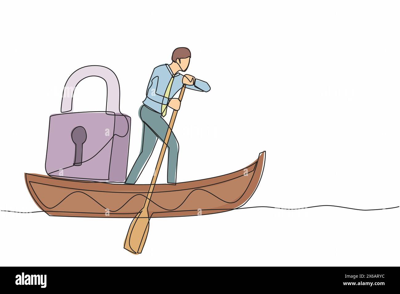 Simple une ligne dessinant homme d'affaires debout dans le bateau et voile avec cadenas. Protection maritime à l'océan contre les pirates. Sécurité dans les affaires en mer. Illustration de Vecteur