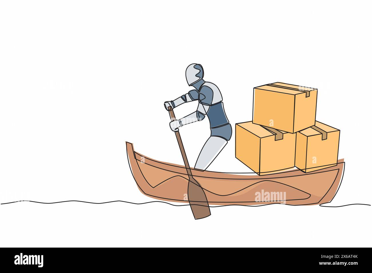 Dessin continu d'une ligne de robot naviguant loin sur le bateau avec pile de carton. Transport maritime. Organisme cybernétique robot humanoïde. S Illustration de Vecteur