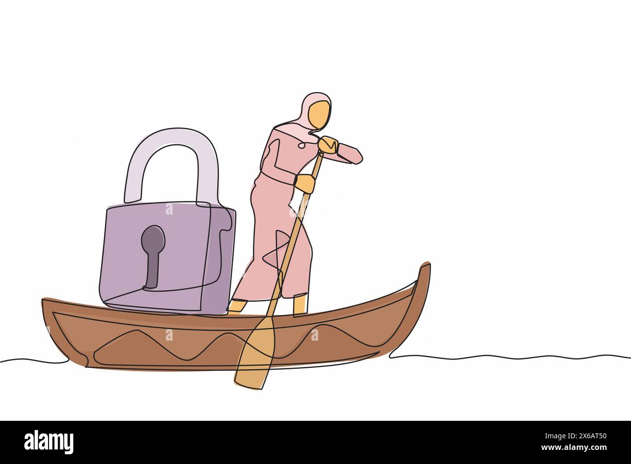 Simple une ligne dessinant femme d'affaires arabe debout dans le bateau et naviguant avec cadenas. Protection maritime à l'océan contre les pirates. Sécurité dans les entreprises a Illustration de Vecteur