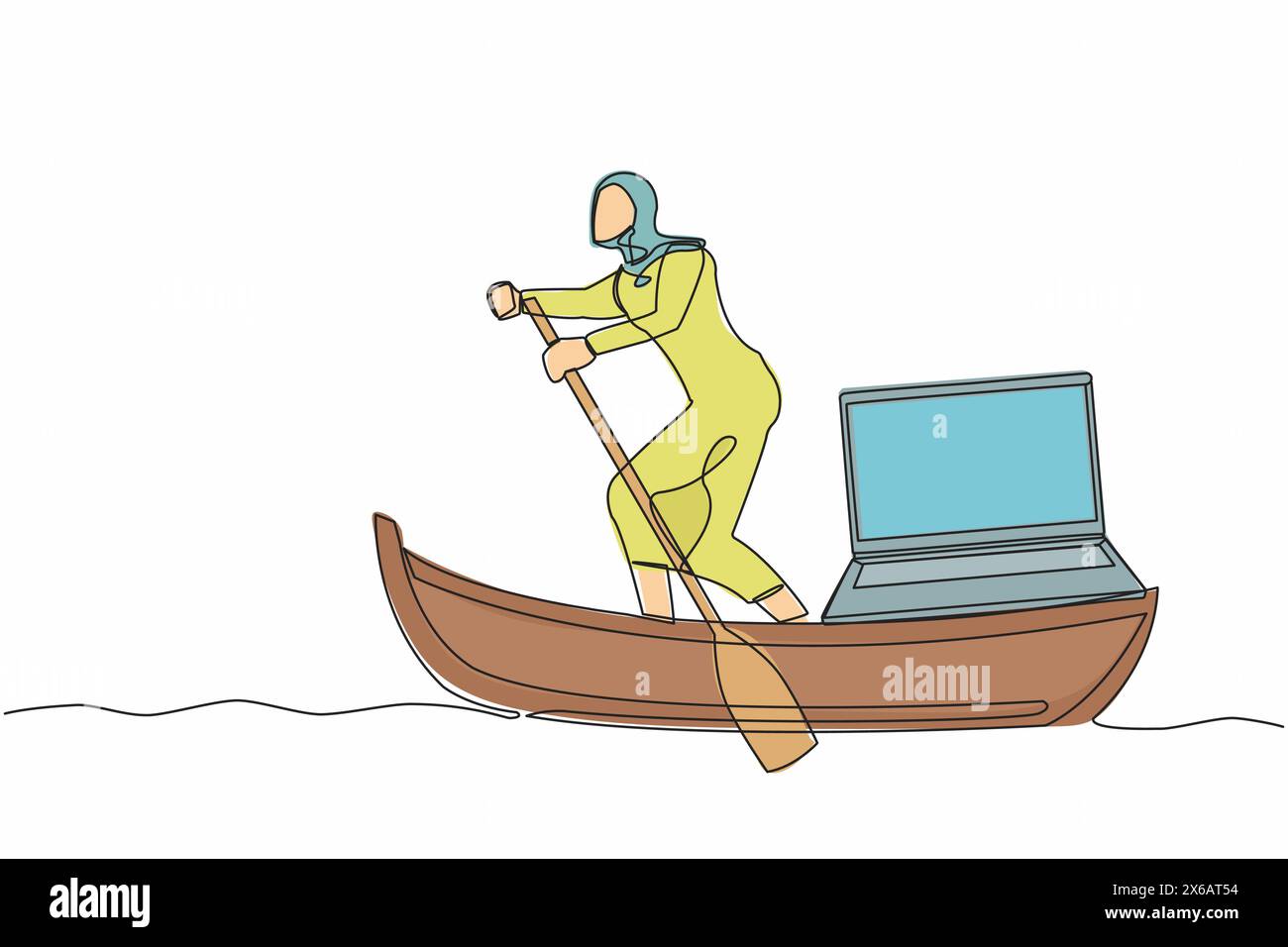 Continue d'une ligne dessinant femme d'affaires arabe debout dans le bateau et naviguant avec ordinateur portable. Travailleur heureux en tant que freelance ou gestionnaire créatif. Re Illustration de Vecteur