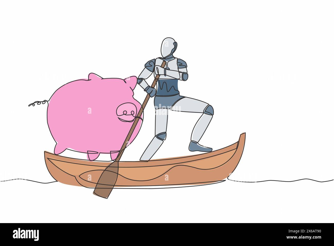 Robot de dessin continu d'une ligne naviguant loin sur le bateau avec tirelire. Objectifs d'économie économiser de l'argent dans la société de technologie. Organe cybernétique de robot humanoïde Illustration de Vecteur