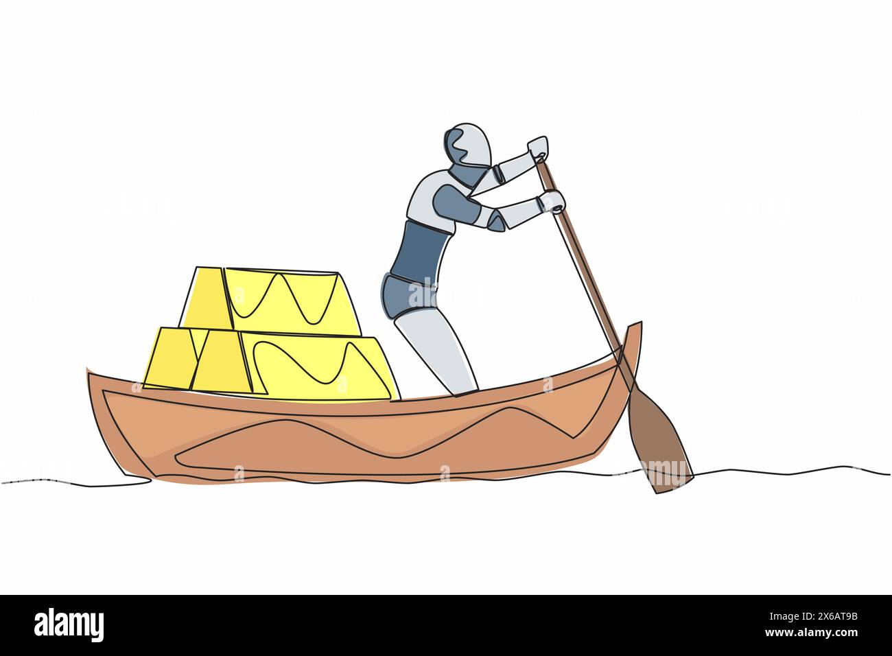 Robot de dessin de ligne continue unique naviguant loin sur le bateau avec pile de lingots d'or. Investissement en or dans la technologie numérique. Développement technologique futur Illustration de Vecteur
