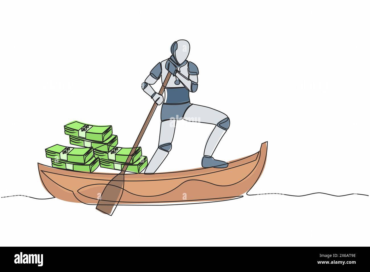 Robot dessinant une seule ligne naviguant loin sur le bateau avec pile de billets de banque. Criminalité financière numérique ou blanchiment d'argent. Intelligence artificielle robotique Illustration de Vecteur