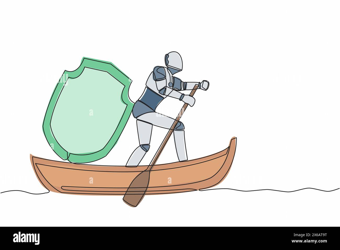 Dessin continu d'une ligne d'un robot naviguant sur un bateau avec bouclier. Sécurité et assurance dans la société tech. Organisme cybernétique robot humanoïde. Péché Illustration de Vecteur