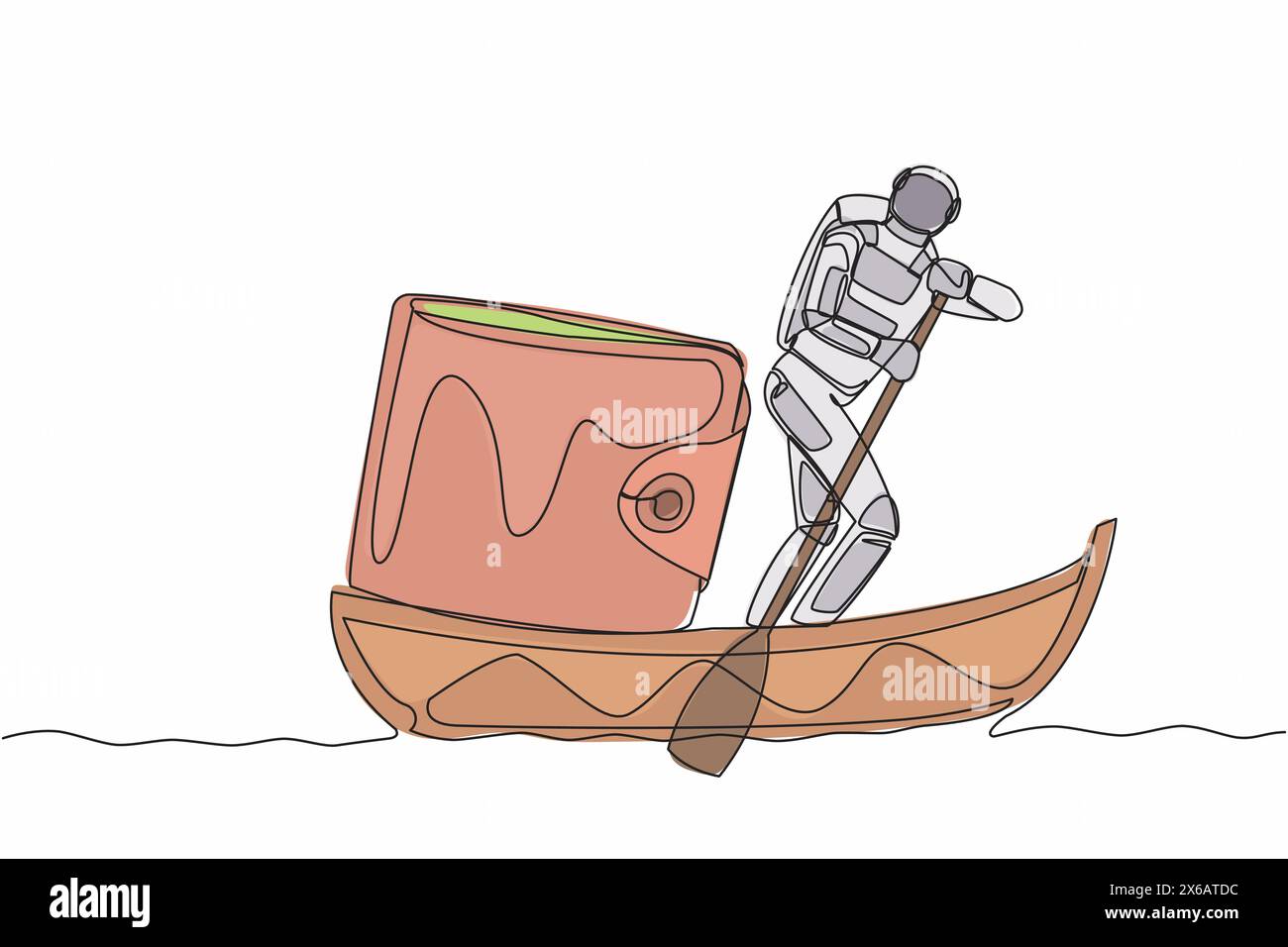 Une seule ligne dessinant un jeune astronaute naviguant sur un bateau avec sac à main. Gestion de l'argent dans une compagnie de vaisseau spatial. Concept d'espace de galaxie cosmique. Moderne co Illustration de Vecteur