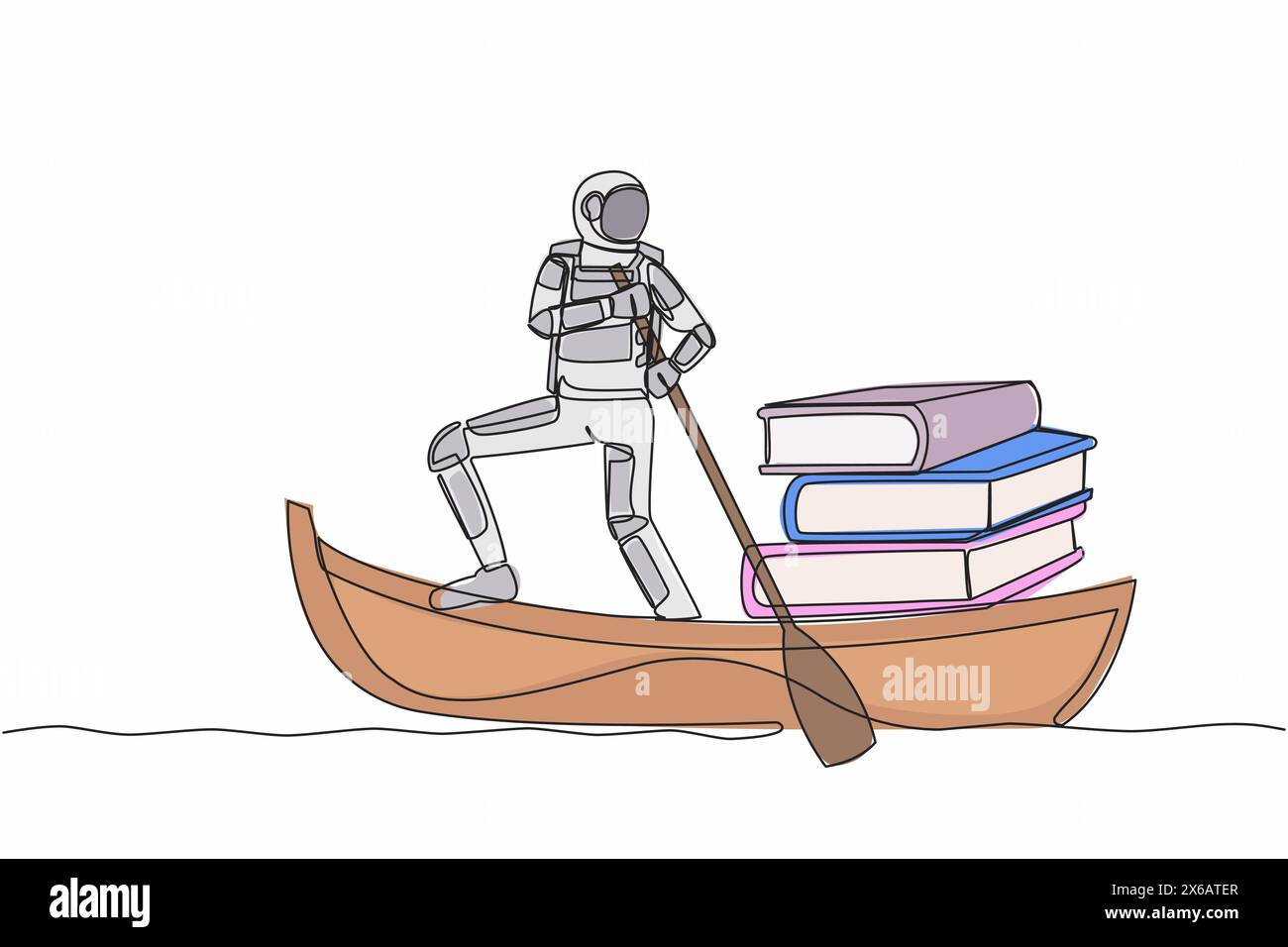 Une ligne continue dessinant astronaute naviguant loin sur le bateau avec pile de livres. enseignement supérieur et apprentissage pour devenir cosmonaute. Cosmonaute externe sp Illustration de Vecteur