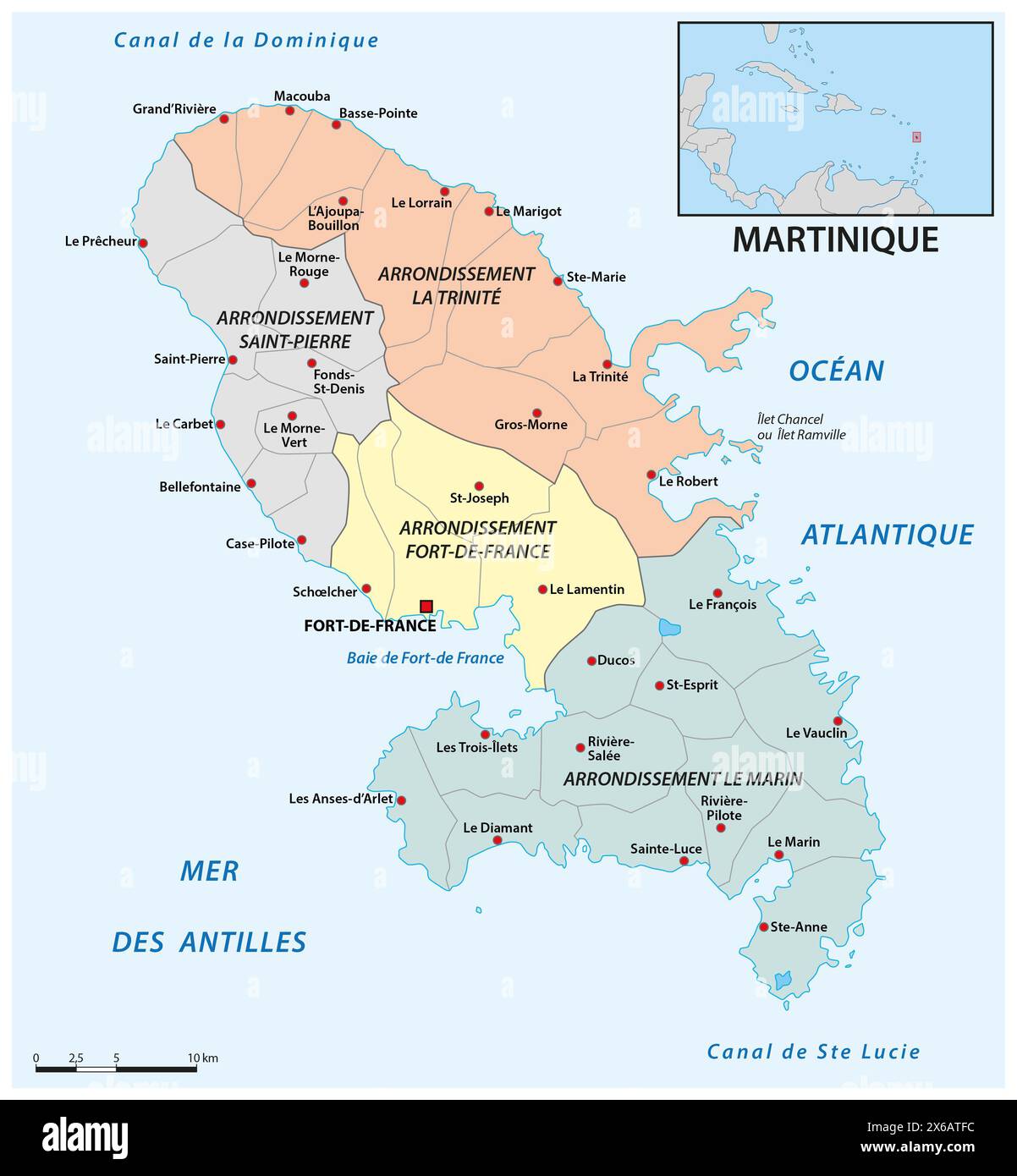 Carte administrative de l'île caribéenne de Martinique, France Banque D'Images